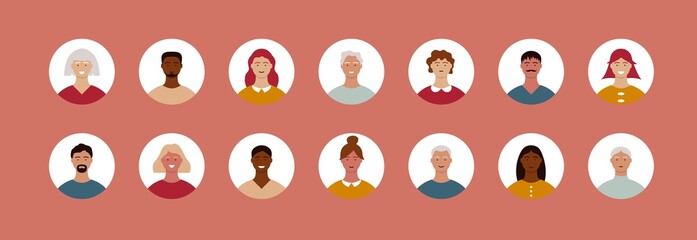 Diverse people face avatar set. Abstract flat man woman portraits, different person characters in circle. Vector illustration