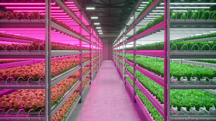 Hydroponic indoor vegetable plant factory in exhibition space warehouse. Interior of the farm hydroponics. Green salad farm in hydroponics. Lettuce Roman with led lightning. Concrete floor. 3D render © Nikolay E
