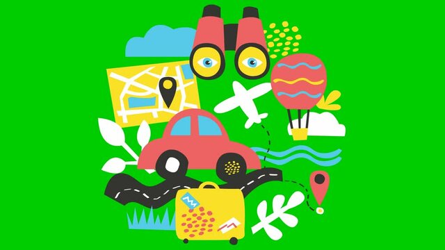 Video of fun trip. Animated set of hand drawn doodle, colorful symbol of travel in the circle. Travel concept. Bright flat vector illustration isolated on green background.