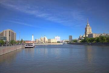 View of the Moscow river on a sunny day with light clouds.