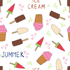 Hand drawn Ice cream food seamless pattern. Ice cream Vector illustration in doodle style