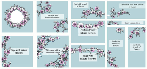 A set of title pages, postcards, banners and invitation cards with blooming cherry blossoms.