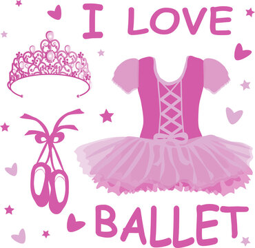 vector image of ballet accessories and clothing and the inscription " I love ballet"