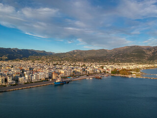 Aerial view over seaside city of Kalamata Messinia, Greece