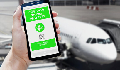 covid 19 airplane travel passport smartphone concept