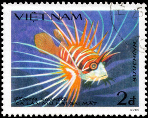 Postage stamp issued in the Vietnam with the image of the Russell's Lionfish, Pterois russelii....