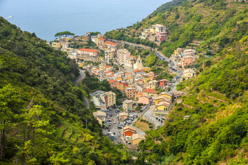 Obraz premium Beautiful view of Riomaggiore, a village in province of La Spezia, Liguria, Italy.