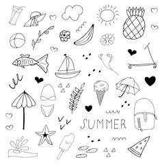 Summer set. Doodle beach elements. Set of summer hand drawn icons on white background. Vector illustration with random elements. Design for prints and cards.