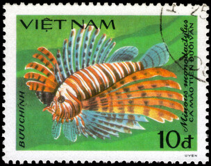 Postage stamp issued in the Vietnam with the image of the Grey Stingfish, Minous monodactylus. From the series on Fish, circa 1984
