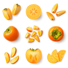 Set of fresh whole, half and sliced persimmon fruit