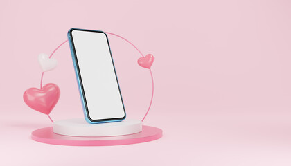 Blue mobile phone on white cylinder podium with pink circle, hearts balloons on arch and copy space background. Mockup space for modern smartphone with blank white screen. 3d rendering.