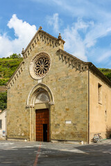 Manarola, Italy. Beautiful architecture of catholic church (Chiesa di San Lorenzo) in Manarola.