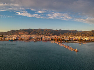 Aerial view over seaside city of Kalamata Messinia, Greece