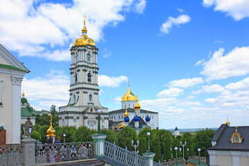 Fototapeta na wymiar Bell tower in Pochayiv Lavra in Ukraine