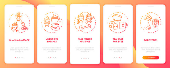 Facial care procedures onboarding mobile app page screen with concepts. Under-eye patches, face roller walkthrough 5 steps graphic instructions. UI vector template with RGB color illustrations