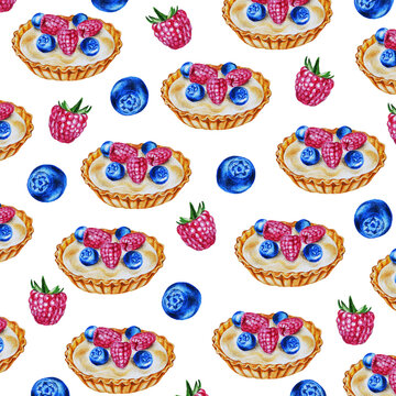 Watercolor desserts with berries. Pattern. The idea for the design of menus, cards, prints, textiles and much more. Hand drawn.