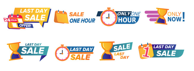 Countdown badges set with clock, calendar, carton box, sandglass, alarm. Sale shopping offer vector illustration