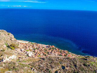 Aerial view of the old medieval castle town of Monemvasia in Lakonia of Peloponnese, Greece. Often called "The Greek Gibraltar"