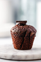 Chocolate muffin on a white plate - light colour palette