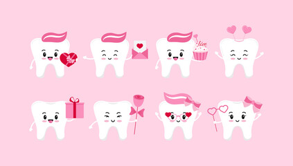 Obraz premium Teeth valentines day dental icon set isolated. Dentist cute white tooth character in love with heart, gift, rose, letter, cupcake, glasses. Flat design cartoon vector dentistry clip art illustration.