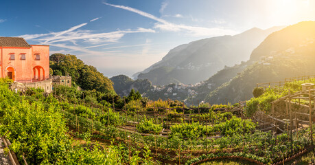 Fototapeta na wymiar Landscape with Ravello town at the hills of the famous amalfi coast, Italy