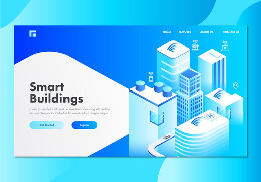 Landing Page Design with Isometric Building and Internet of Social Media App