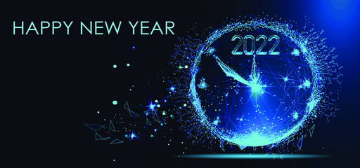Happy New Year 2022. New Year Shining background with clock and glitter. Triangles and particle style design. Polygon vector wireframe concept. Headline