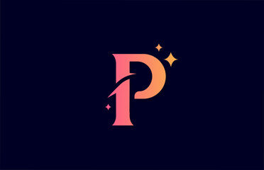 P yellow pink gradient alphabet letter logo for company with stars. Branding for lettering and identity. Creative template design for business icon
