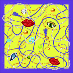 Scarf design with cord, jewelry, chains, beadworks and crystals. 3d vector illustration.