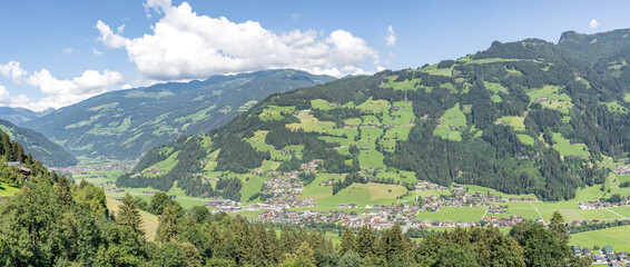 Panorama view of Zillertal valley in sunny summer in Tyrol Austria