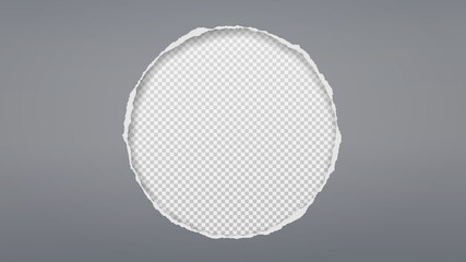 Round hole composition in grey paper with torn edges and soft shadow is on transparent background. Vector illustration