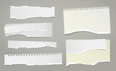 Set of torn white note, notebook paper pieces stuck on grey background. Vector illustration