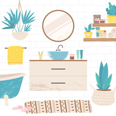 Modern bathroom interior in Scandinavian style. Restroom furnished with wash basin, bathtub, mirror and hygiene products. Cute vector illustration of white and light home. Hygge and boho style.