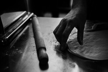 fresh pasta dough on a worktop with a hand and a rolling pin