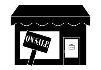 Icono de comercio, tienda o negocio en venta sobre fondo blanco
