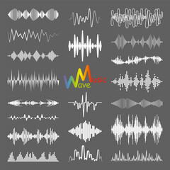 Naklejka premium White sound waves logo collection with audio symbols. Modern music equalizer elements set. Digital flat isolated illustration. Jpeg waveform technology