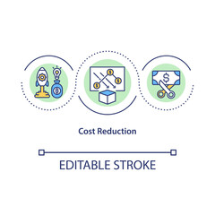 Cost reduction concept icon. Cutting down all product and service prices in your business. Business idea thin line illustration. Vector isolated outline RGB color drawing. Editable stroke