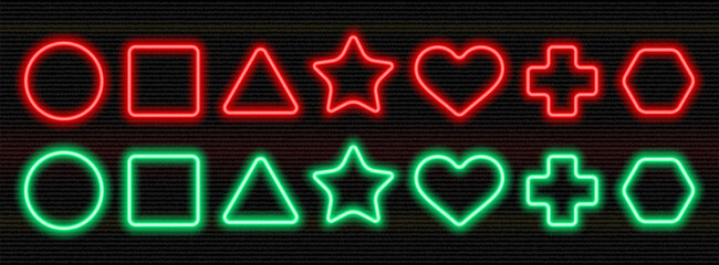 Red and green geometric neon shapes. Vector glowing signs and symbols on a dark background.