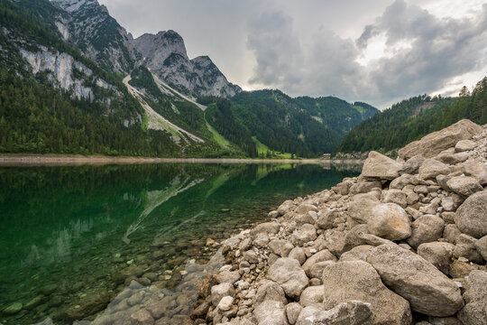 Scenic view of Vorderer Gosausee against mountains, Austria