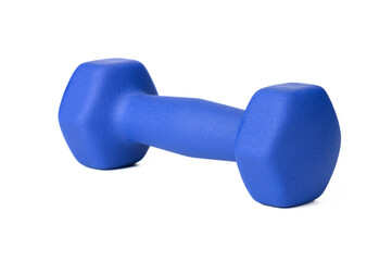 one blue matte dumbbell for sports on a white isolated background