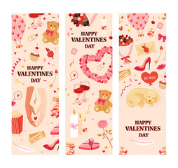 Valentine's day concept. Vertical banners with cute love symbols