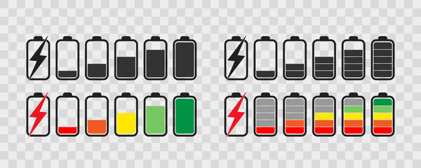 Battery icon set .  Collection of charge battery level indicators. Charge indicator , vector illustration. Smartphone accumulator.
