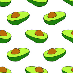 Seamless vector illustration of avocado slices on a white background.