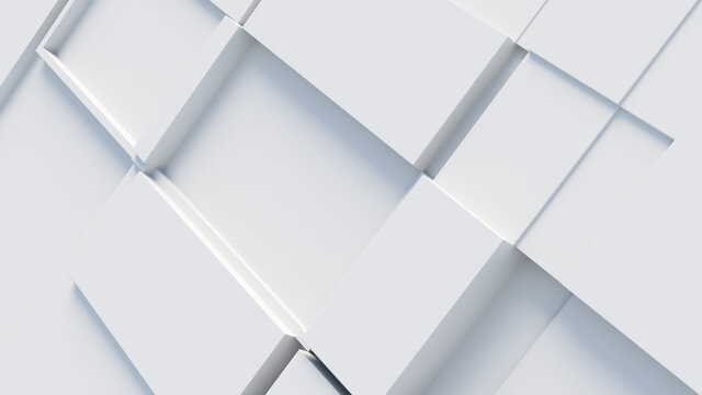 White tech background, with a geometric 3D structure. Clean, minimal design with simple futuristic forms. 3D render