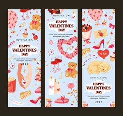 Valentine's Day lettering banner with hearts, sweets, cake, gifts, candle. Vector illustration. Vertical banner.