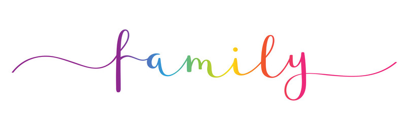 FAMILY vector rainbow gradient brush calligraphy banner with swashes isolated on white background