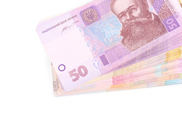 Ukrainian money on white background, top view