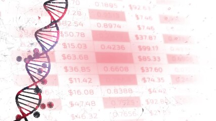 Abstract red 3D dna chain structure and coronavirus covid-19 animation on negative business infographics. Concept science network with artistic graph copy space motion background. Isolated on white. - Powered by Adobe