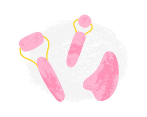 Gemstone quartz Gua-sha scrapers, rollers set. Natural beauty routine, skin care tools for facial massage.