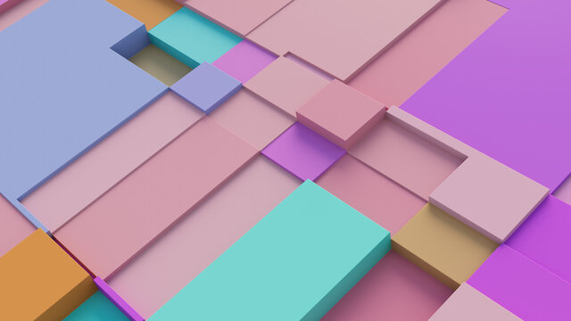Multicolored tech background, with a geometric 3D structure. Clean, pastel colored design with simple, modern forms. 3D render